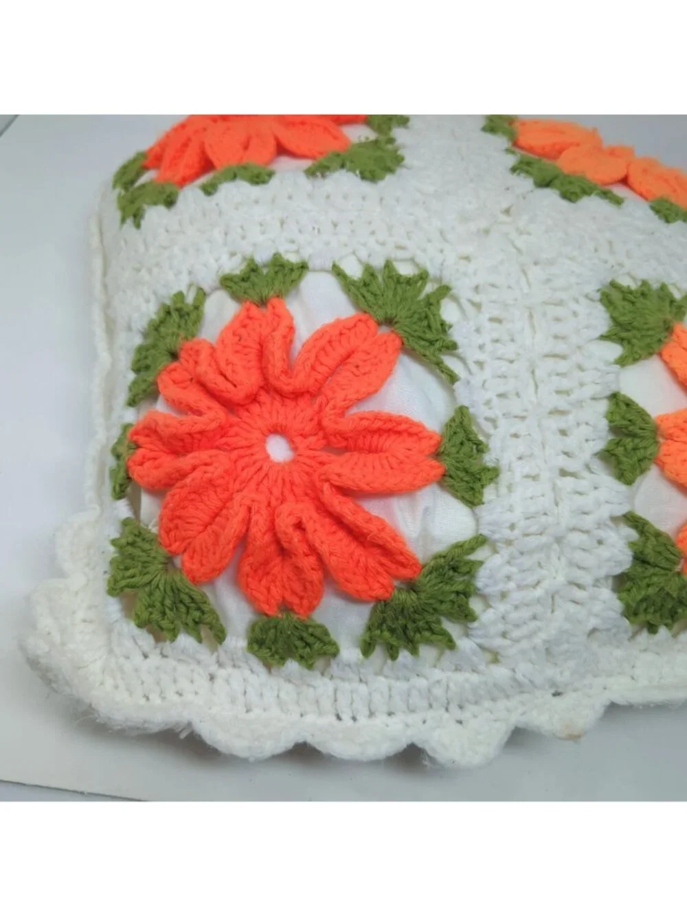 Crochet Pillow Square White Cottagecore Floral Hand